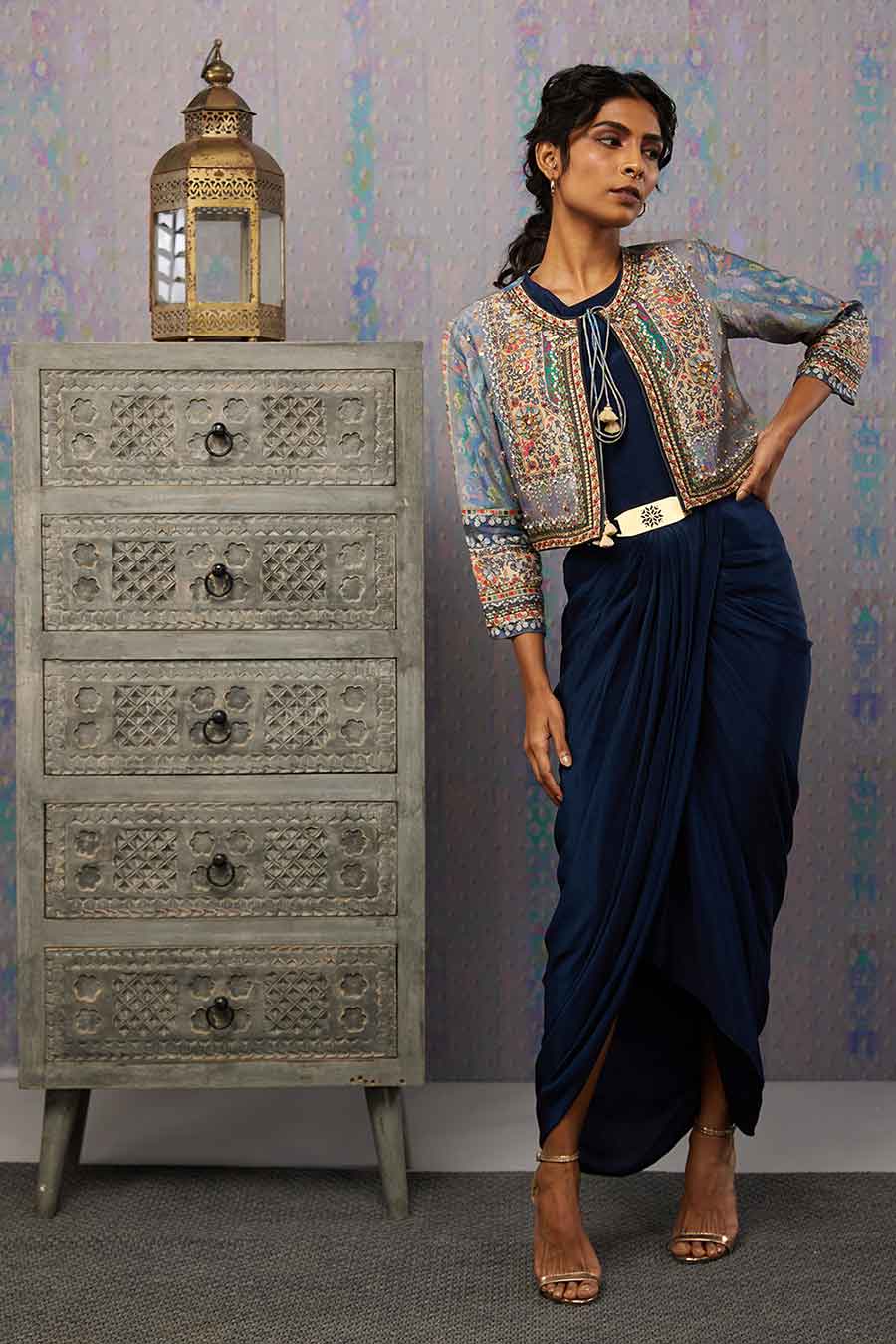 Ikaya Embroidered Drape Dress With Jacket