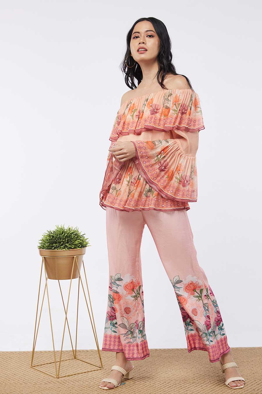 Bloom Printed Embroidered Top With Flared Pants