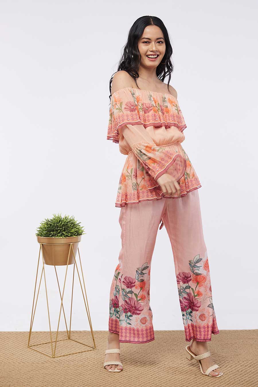 Bloom Printed Embroidered Top With Flared Pants
