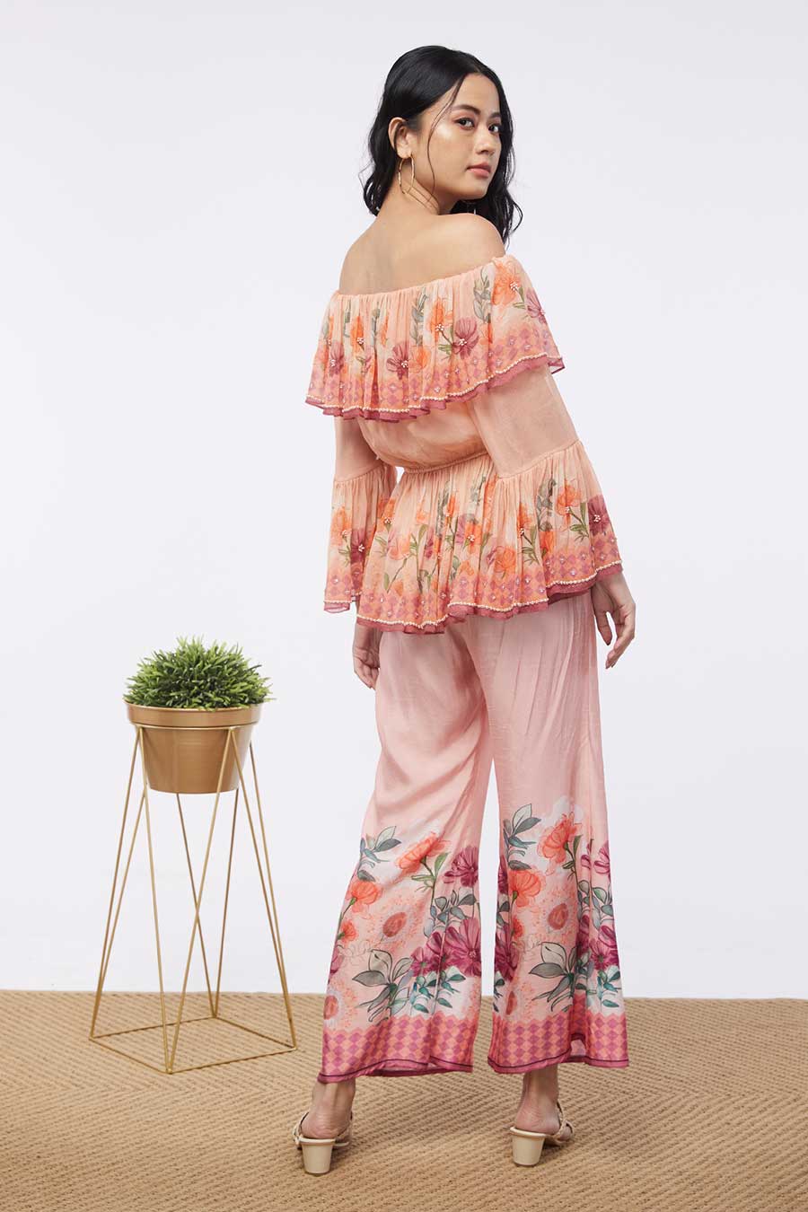 Bloom Printed Embroidered Top With Flared Pants