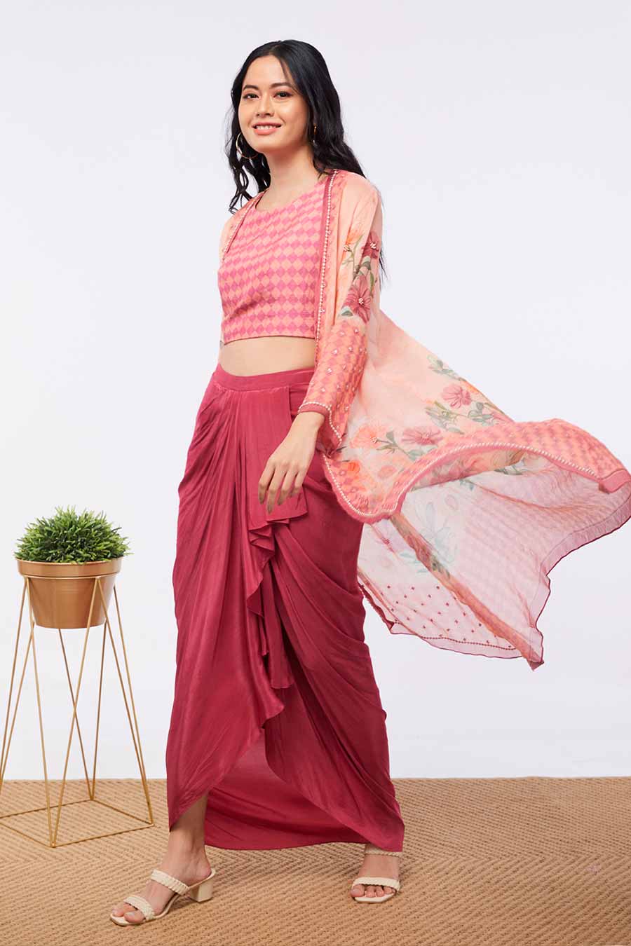 Bloom Printed Drape Skirt Set With Jacket