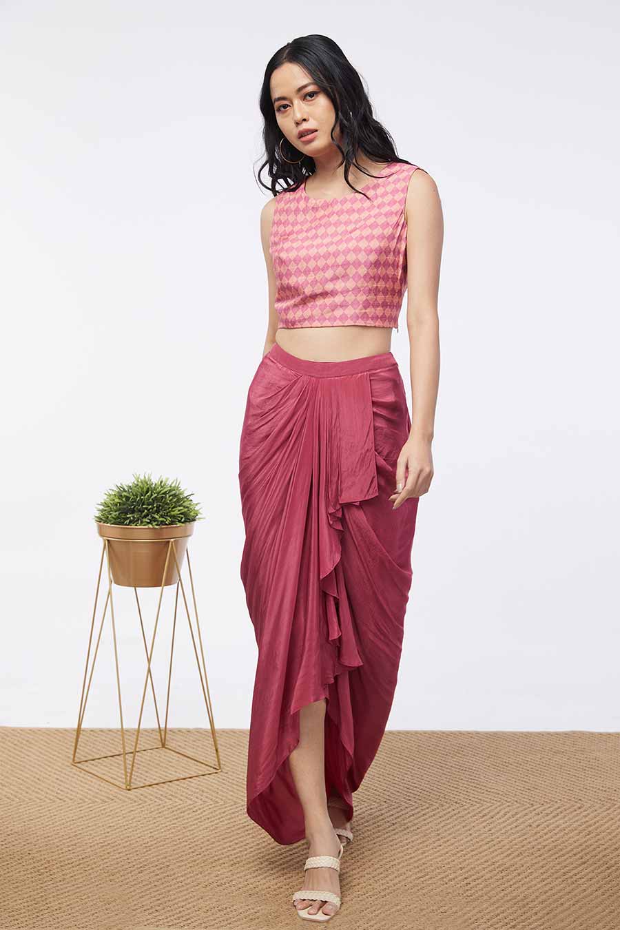 Bloom Printed Drape Skirt Set With Jacket