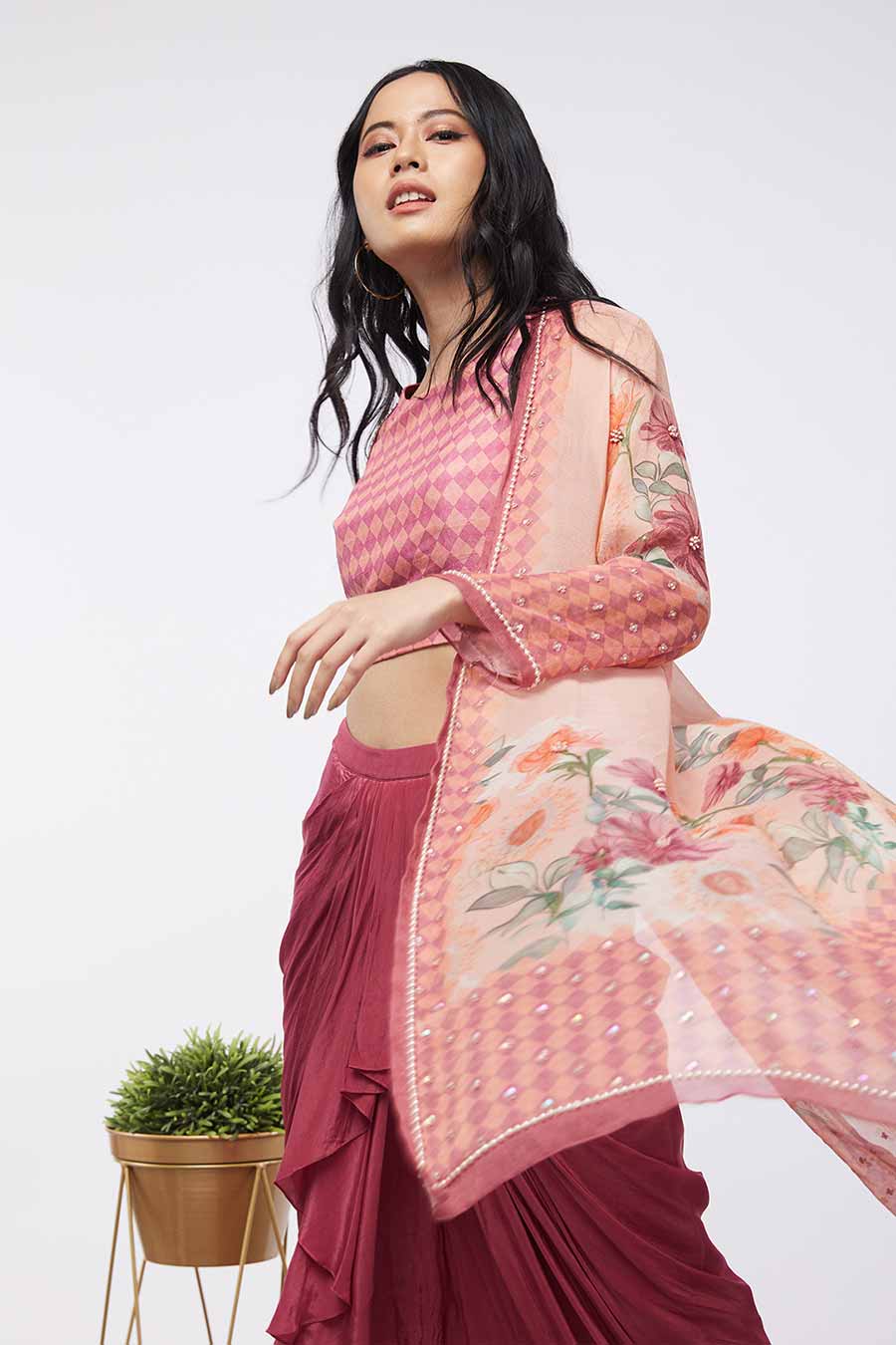 Bloom Printed Drape Skirt Set With Jacket