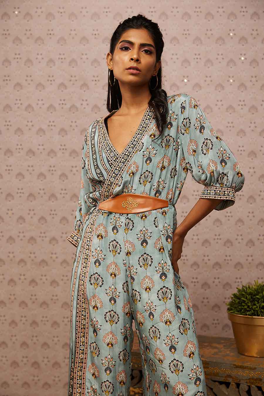 Sarouk Printed Overlap Jumpsuit With Belt