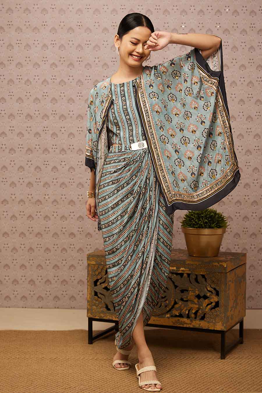 Sarouk Embroidered Drape Dress With Cape