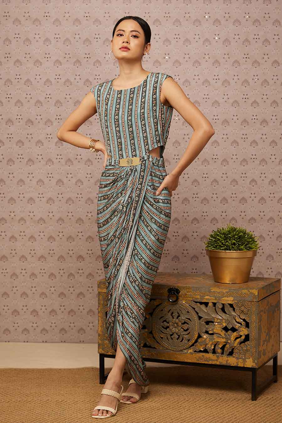 Sarouk Embroidered Drape Dress With Cape