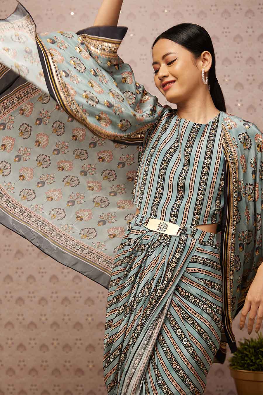 Sarouk Embroidered Drape Dress With Cape