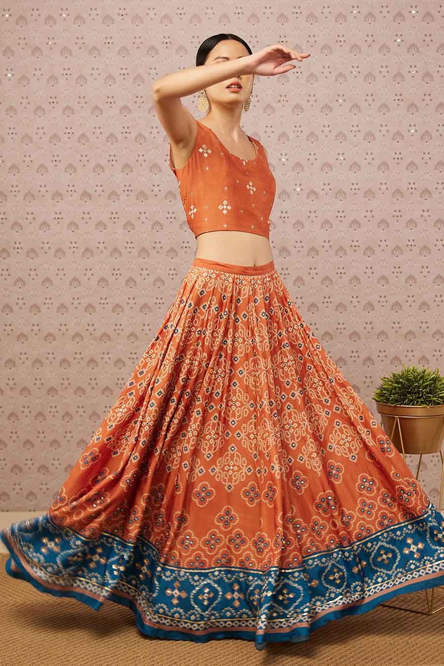 Orange Bandhej Print Lehenga Set