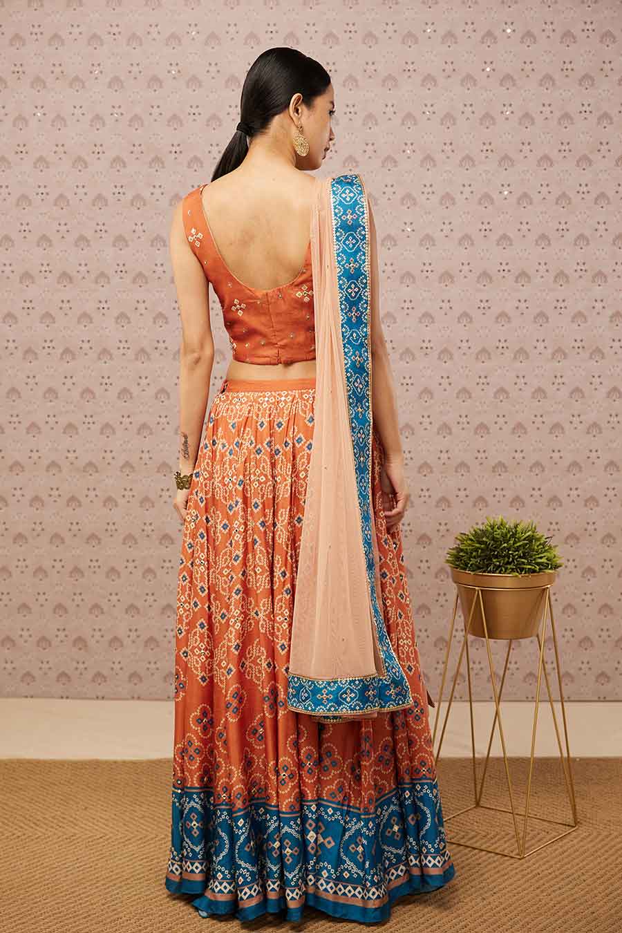 Orange Bandhej Print Lehenga Set