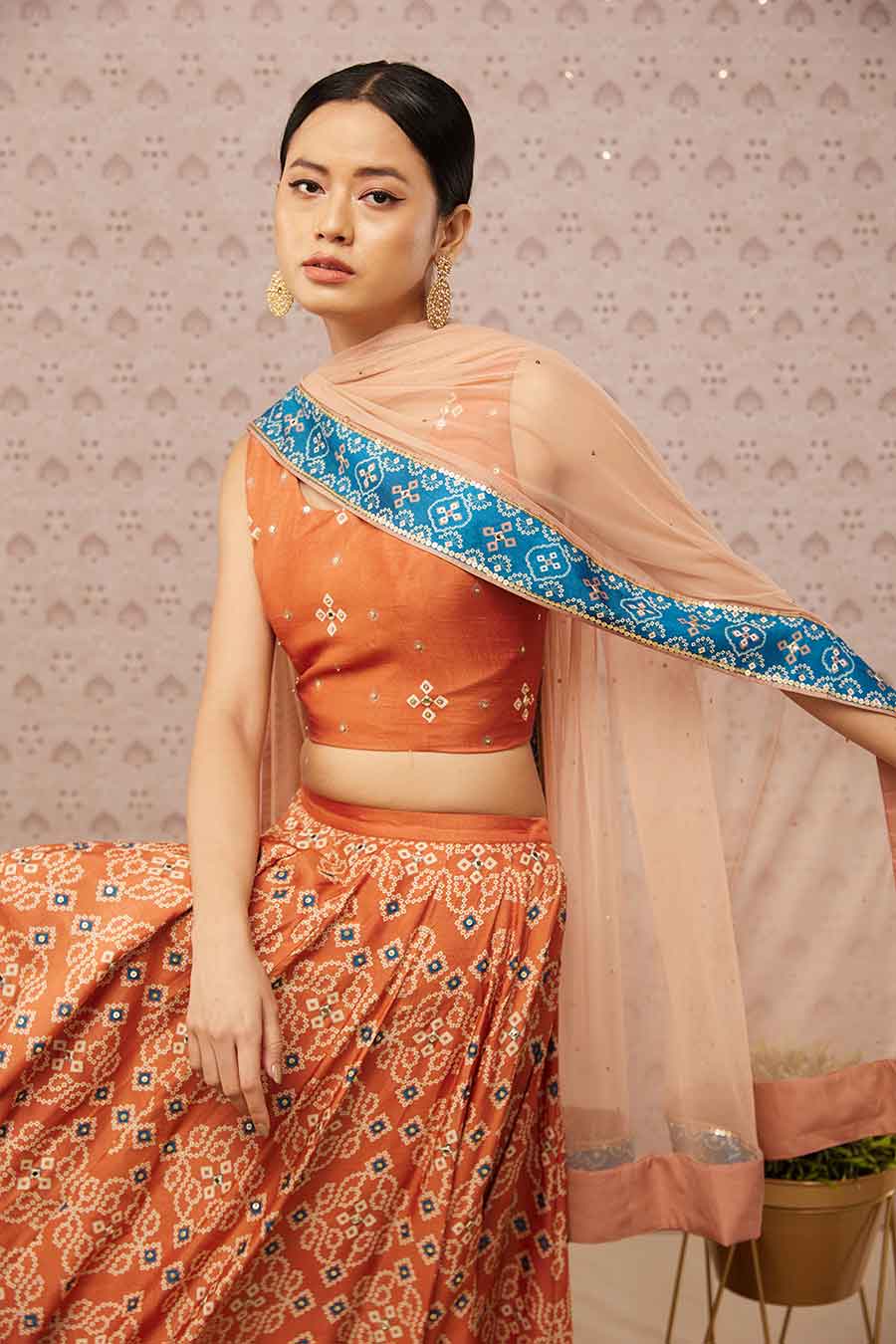 Orange Bandhej Print Lehenga Set