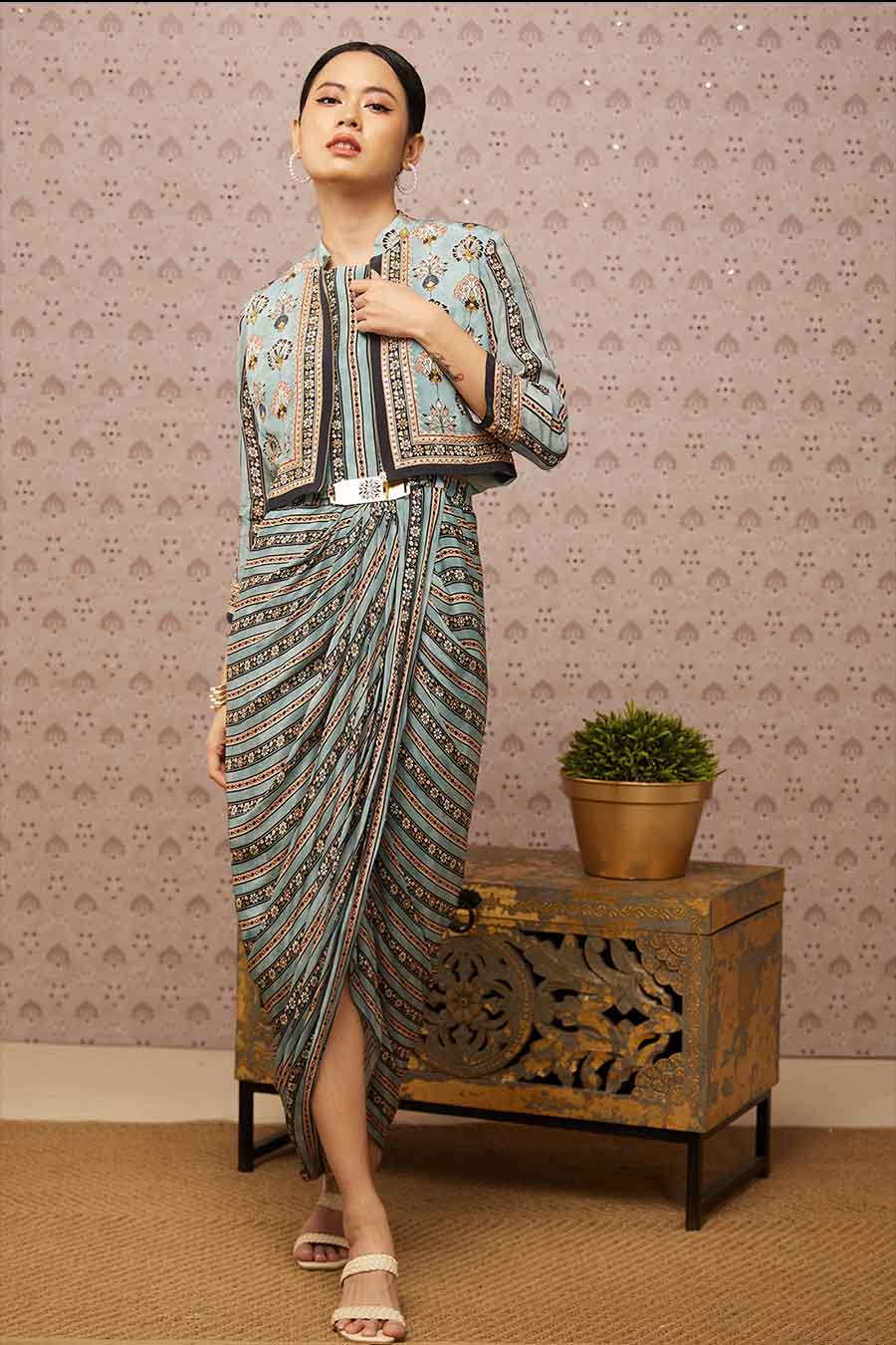 Sarouk Printed Drape Dress With Jacket