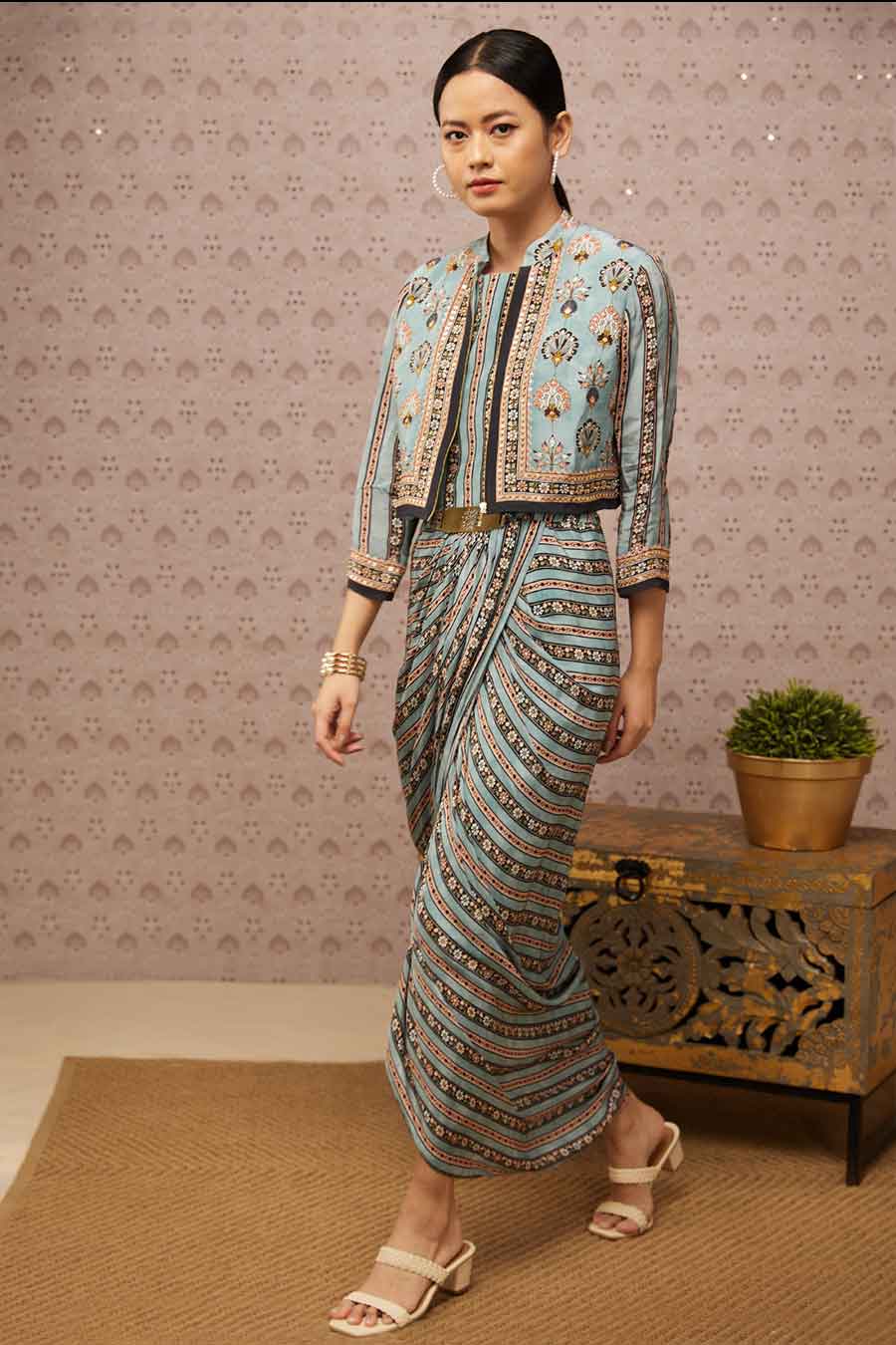 Sarouk Printed Drape Dress With Jacket