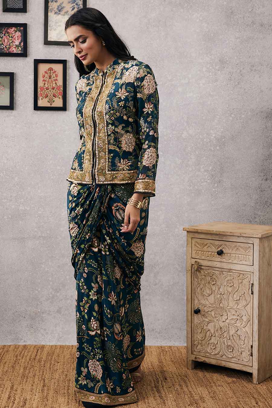 Mehr Embroidered Jacket With Drape Skirt