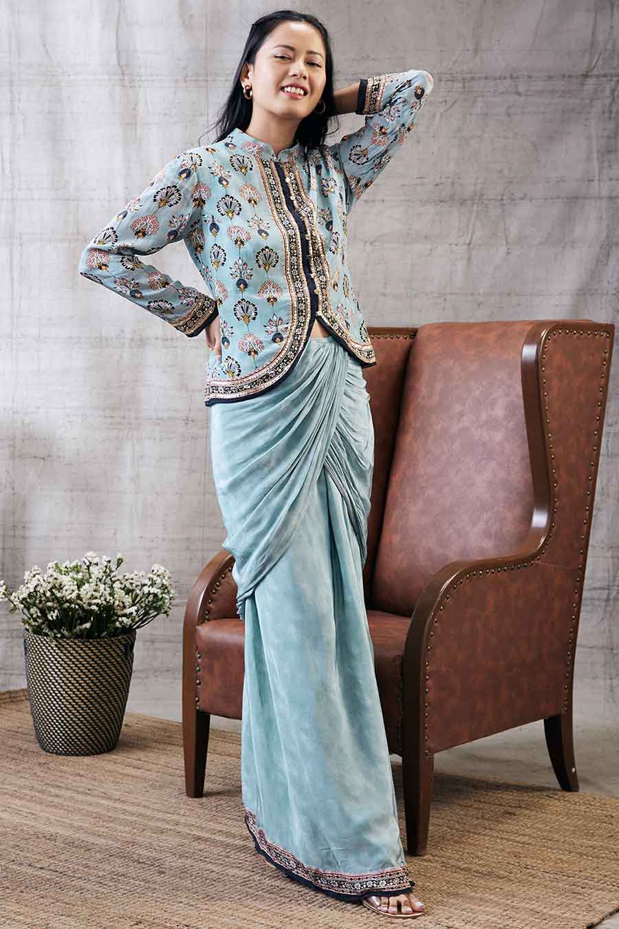 Sarouk Printed Drape Skirt With Embroidered Top