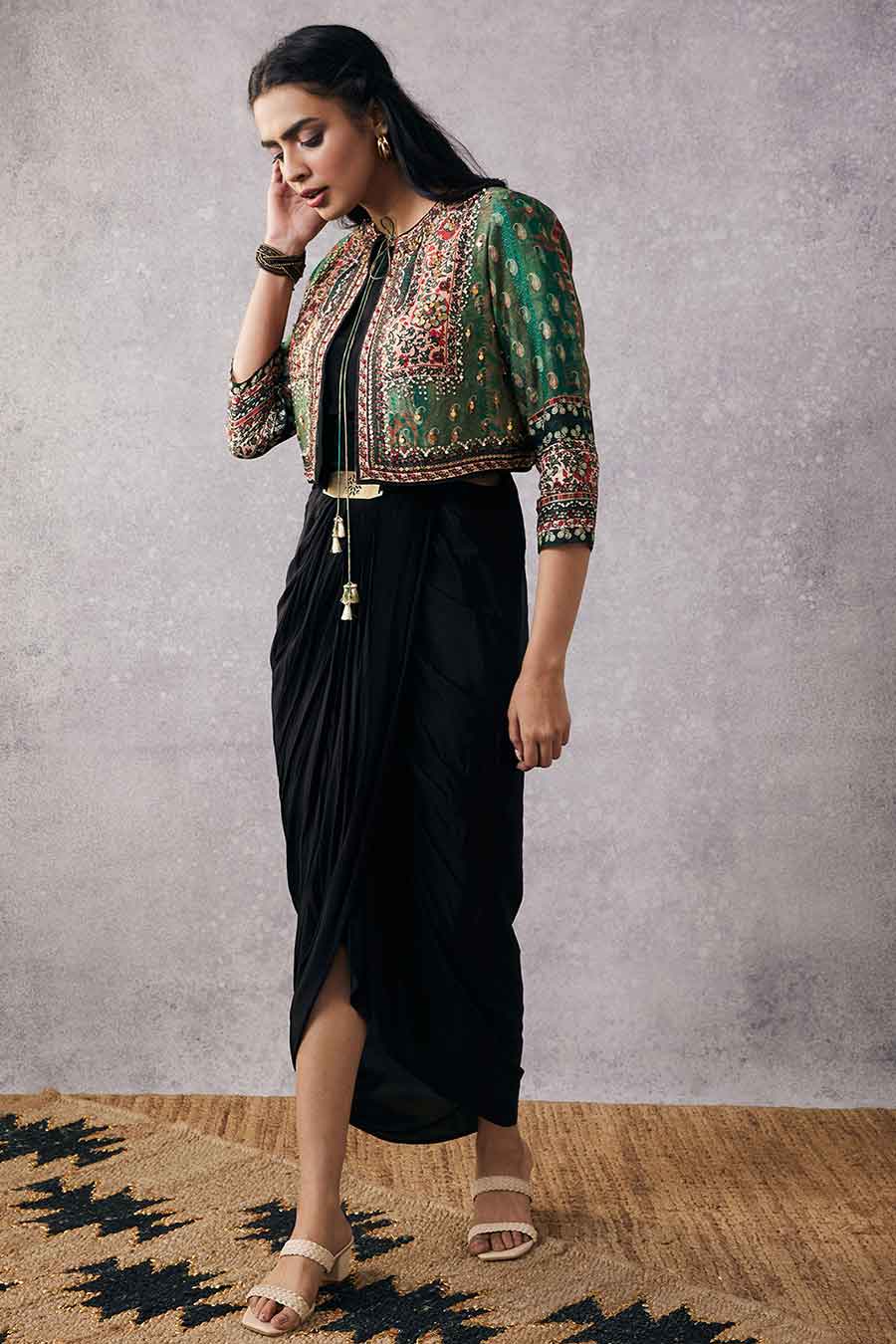 Ikaya Embroidered Drape Dress With Jacket