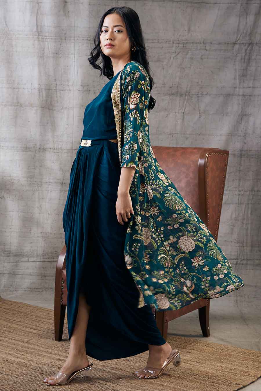 Mehra Drape Dress With Printed Jacket