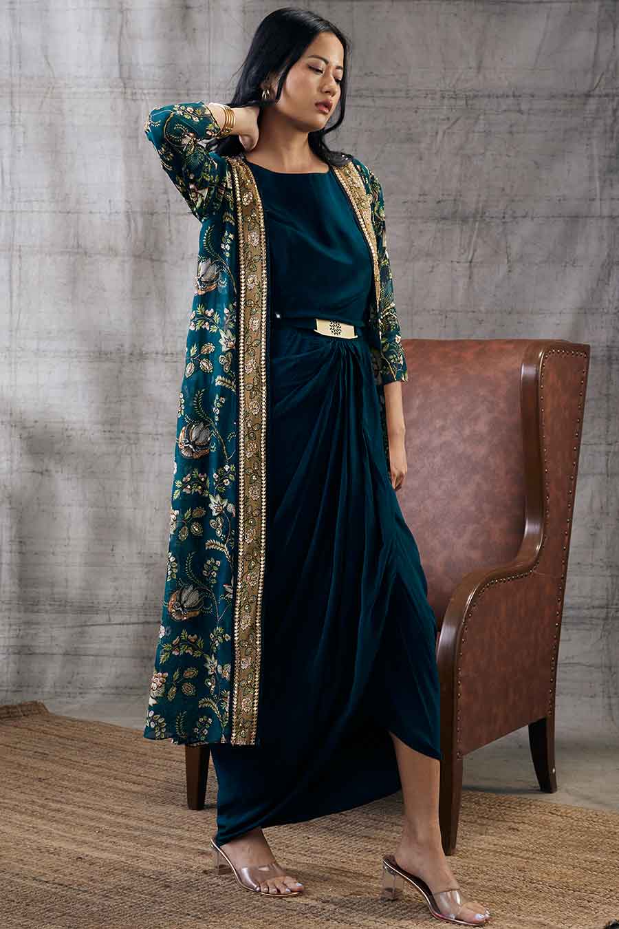 Mehra Drape Dress With Printed Jacket