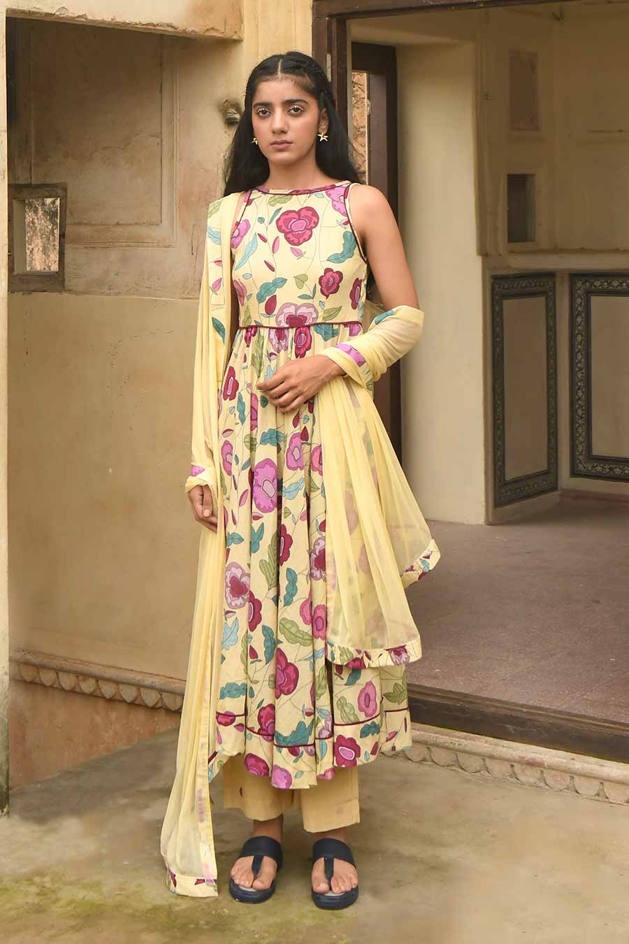 Canary Yellow Floral Print Kurta Set