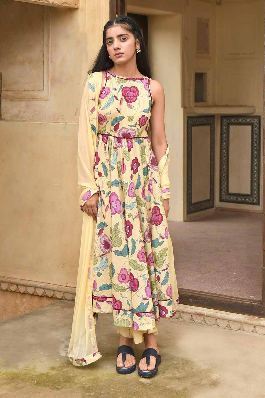 Canary Yellow Floral Print Kurta Set