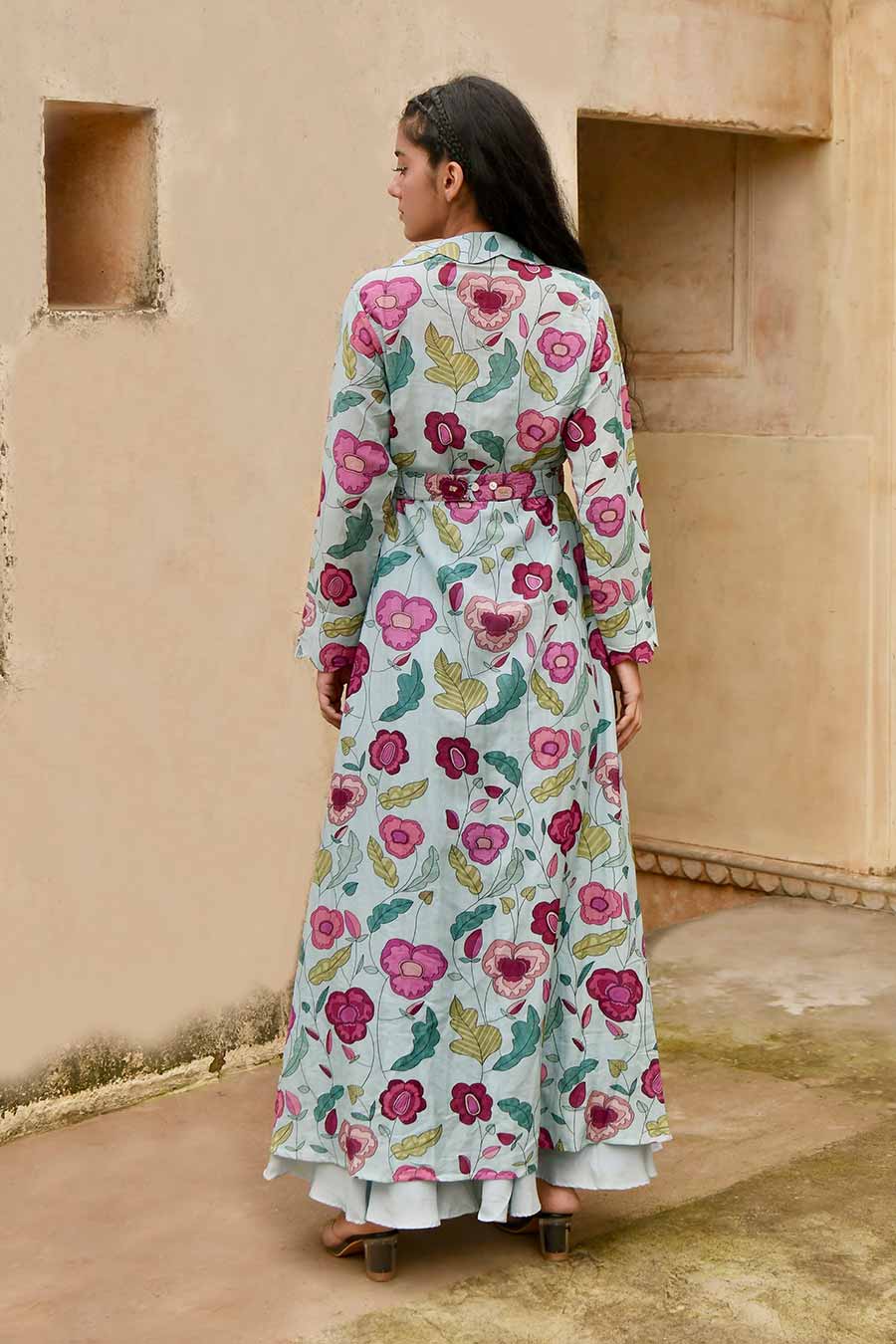 Cloudy Bloom Blue Dress & Jacket Set With Belt