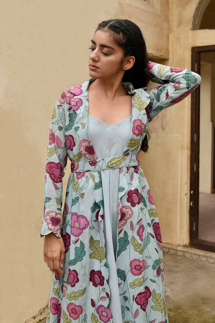 Cloudy Bloom Blue Dress & Jacket Set With Belt
