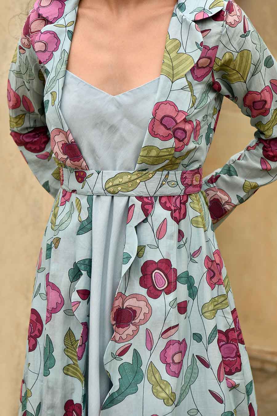 Cloudy Bloom Blue Dress & Jacket Set With Belt