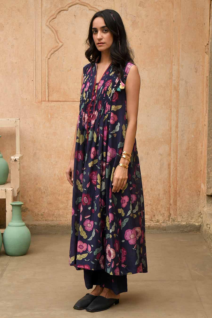 Carnation Blue Printed Chanderi Kurta Set