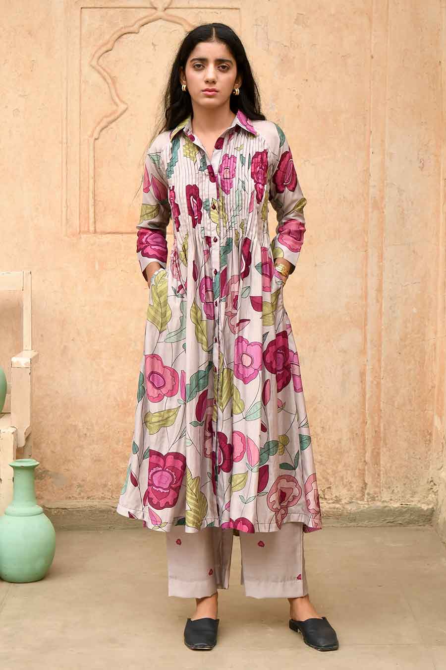 Magnolia Grey Printed Chanderi Kurta Set