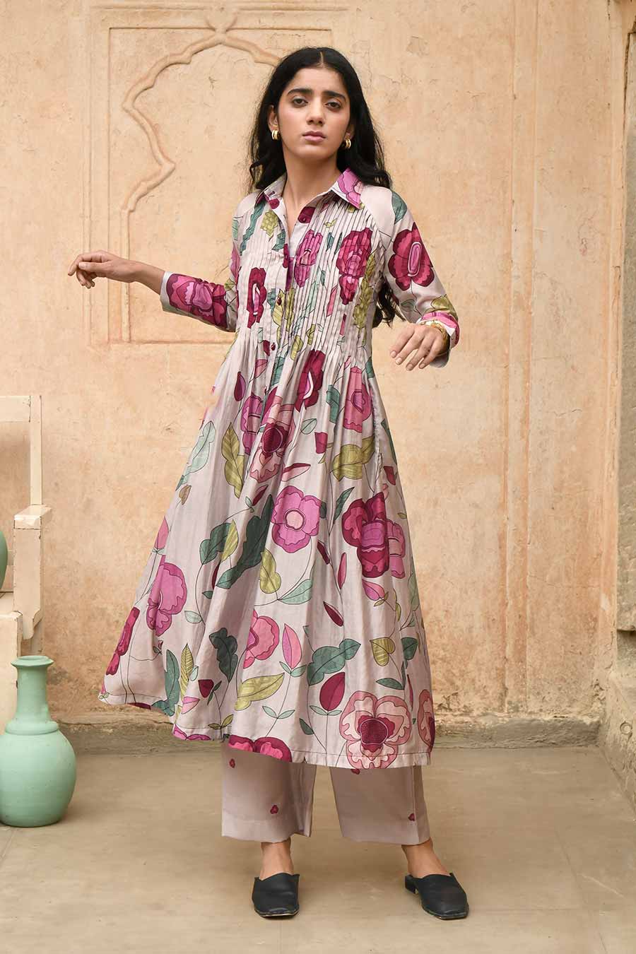 Magnolia Grey Printed Chanderi Kurta Set
