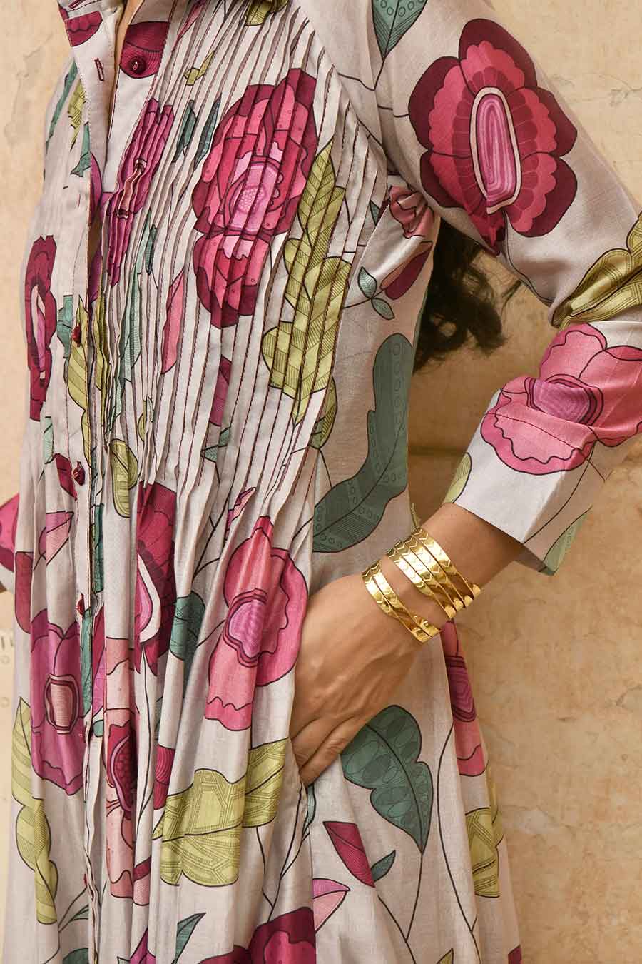 Magnolia Grey Printed Chanderi Kurta Set