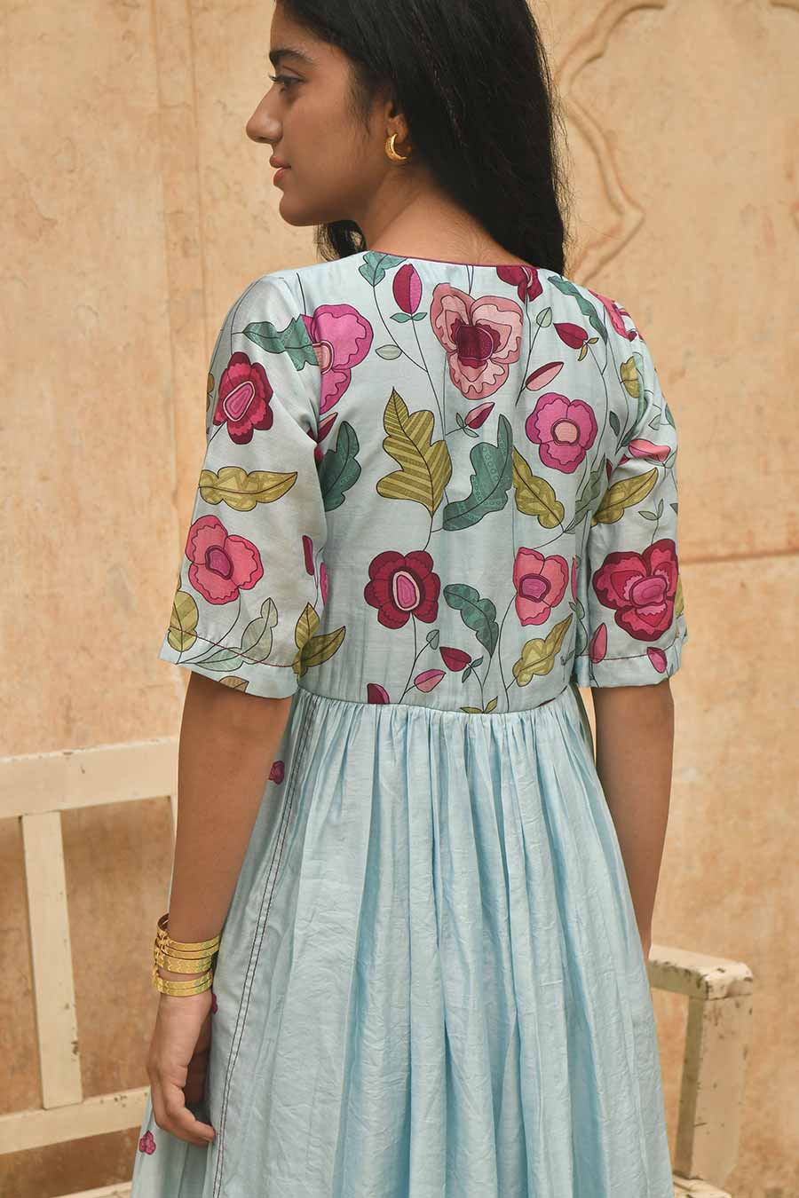 Blue Daisy Floral Print Chanderi Kurta Set