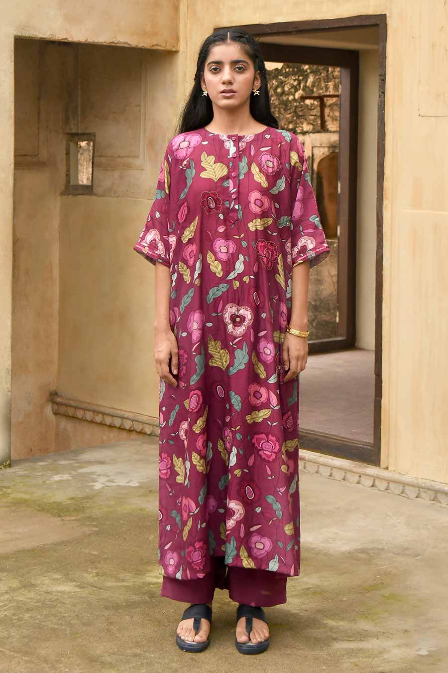 Auburn Wine Chanderi Kaftan Kurta Set