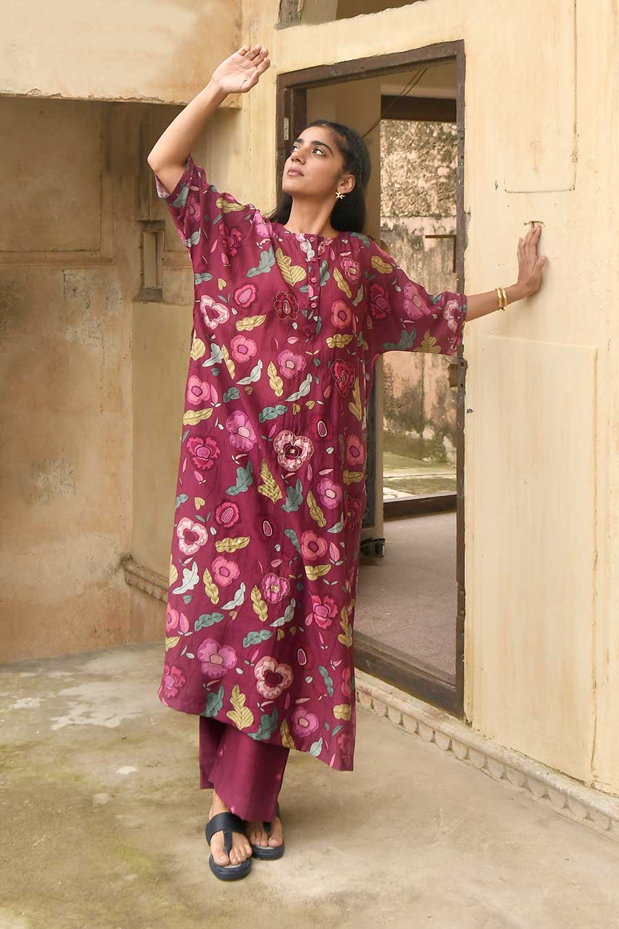 Auburn Wine Chanderi Kaftan Kurta Set
