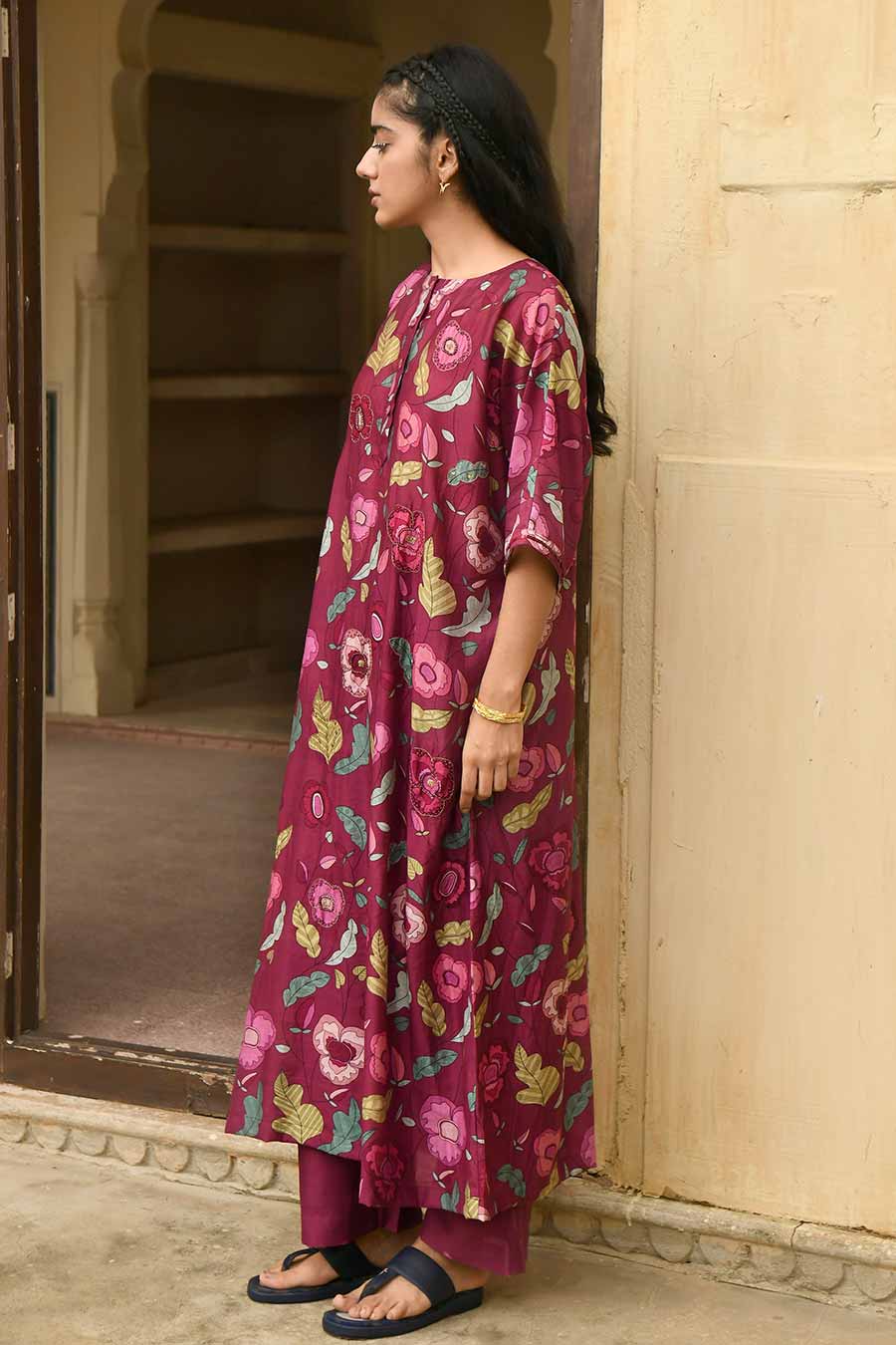 Auburn Wine Chanderi Kaftan Kurta Set
