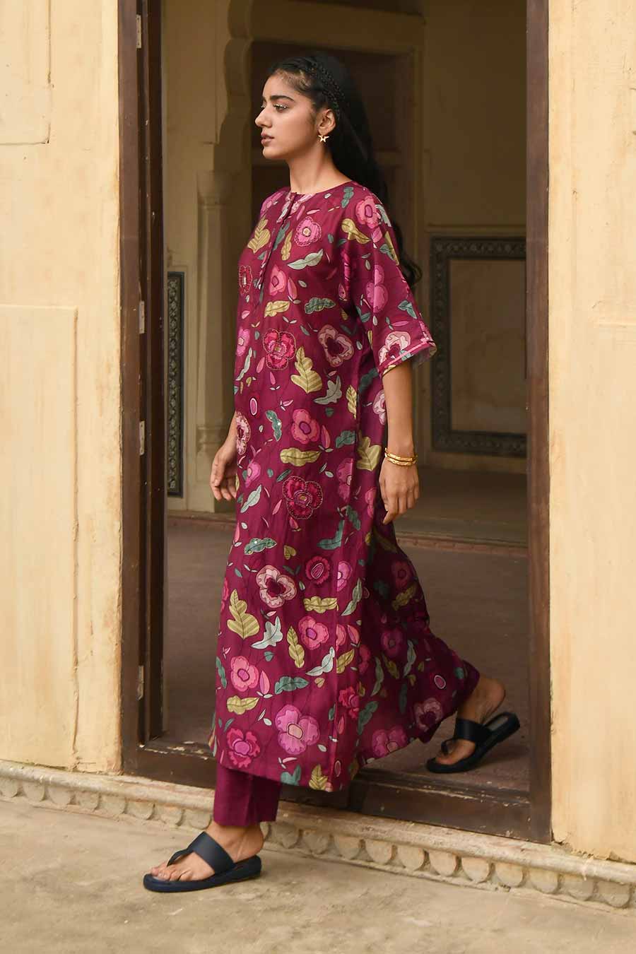 Auburn Wine Chanderi Kaftan Kurta Set