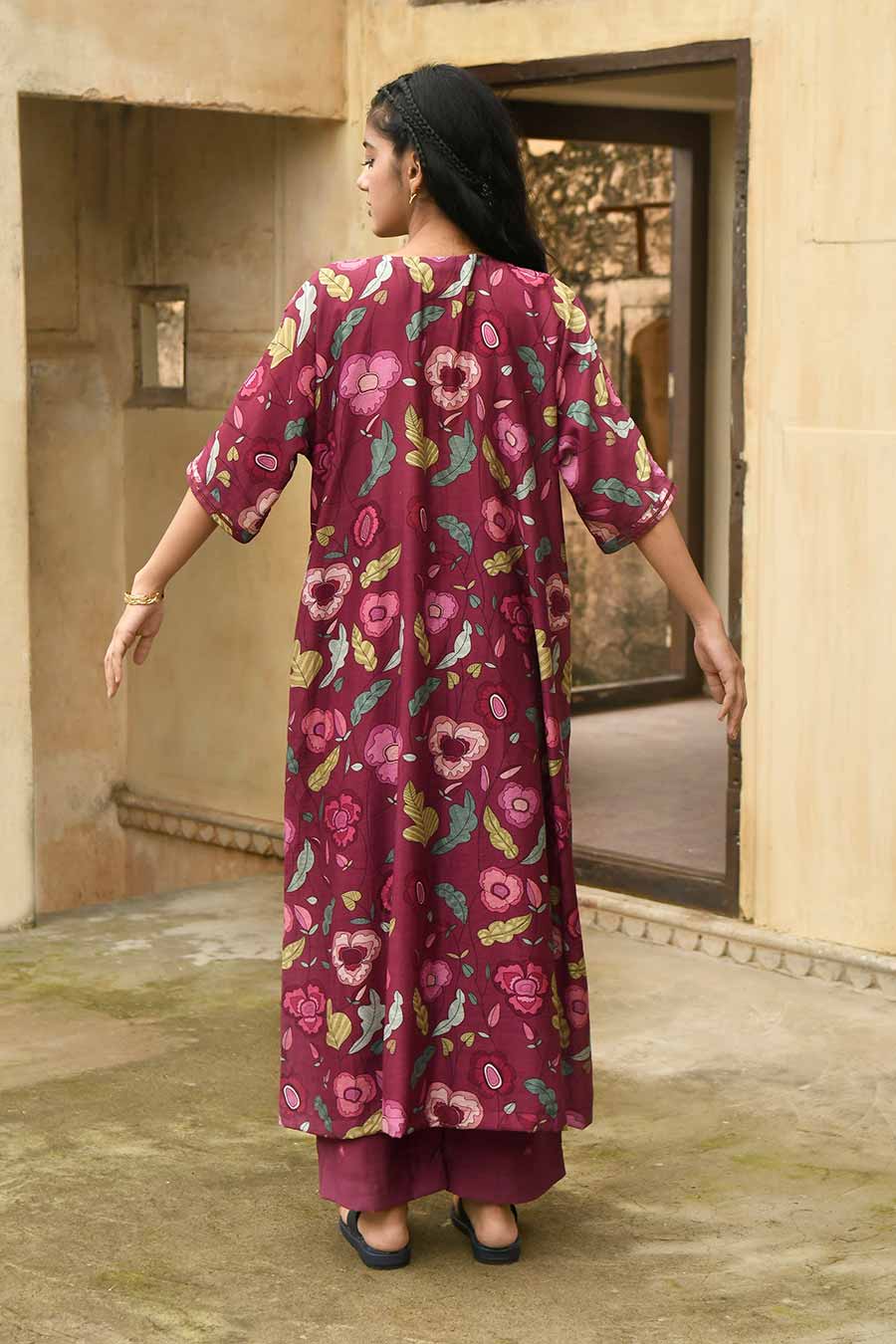 Auburn Wine Chanderi Kaftan Kurta Set