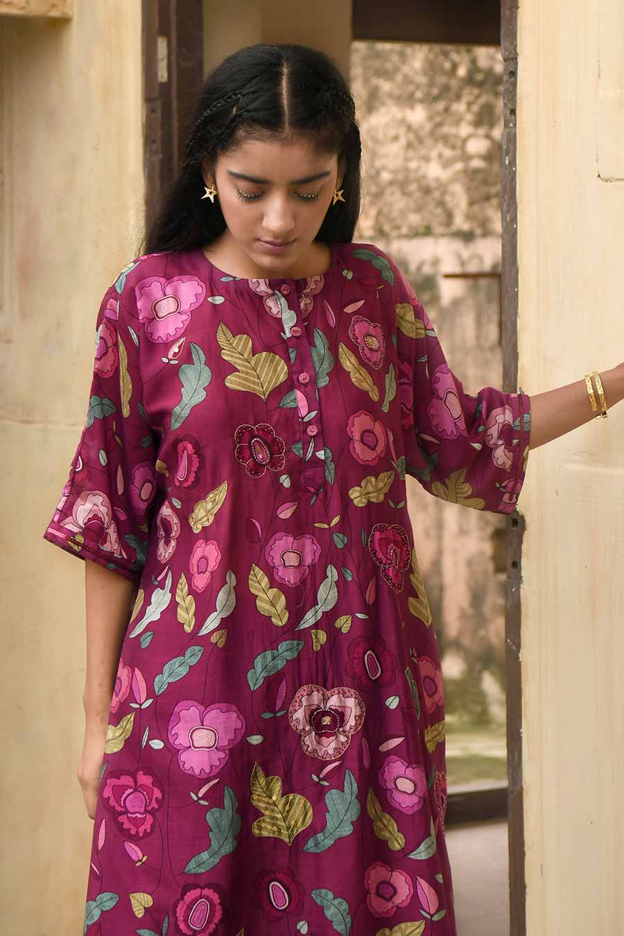 Auburn Wine Chanderi Kaftan Kurta Set