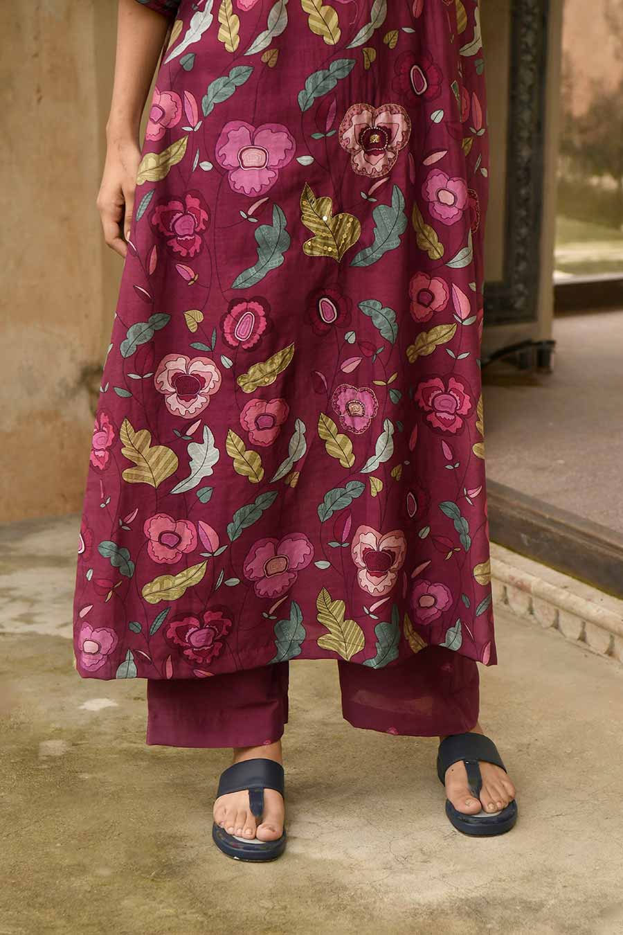Auburn Wine Chanderi Kaftan Kurta Set