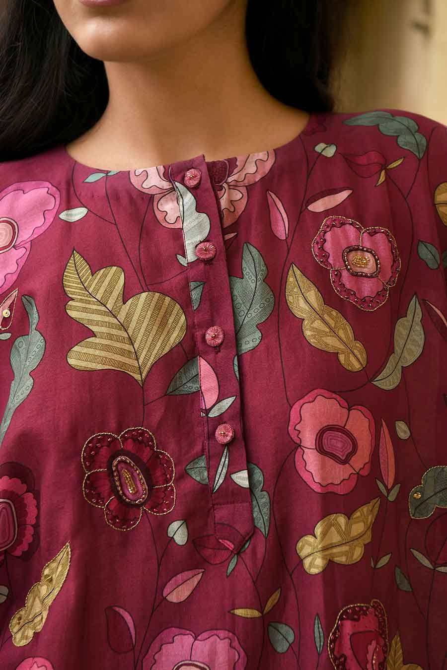 Auburn Wine Chanderi Kaftan Kurta Set