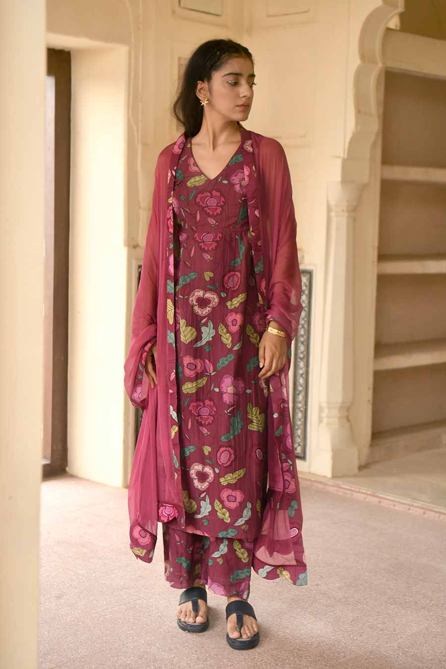 Shiraz Wine Floral Print Chanderi Kurta Set