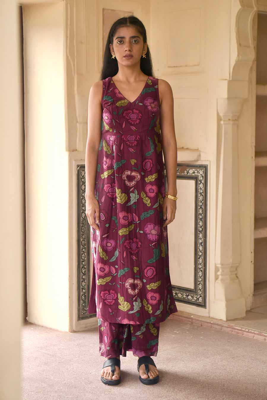 Shiraz Wine Floral Print Chanderi Kurta Set