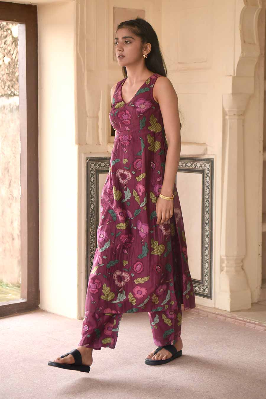 Shiraz Wine Floral Print Chanderi Kurta Set
