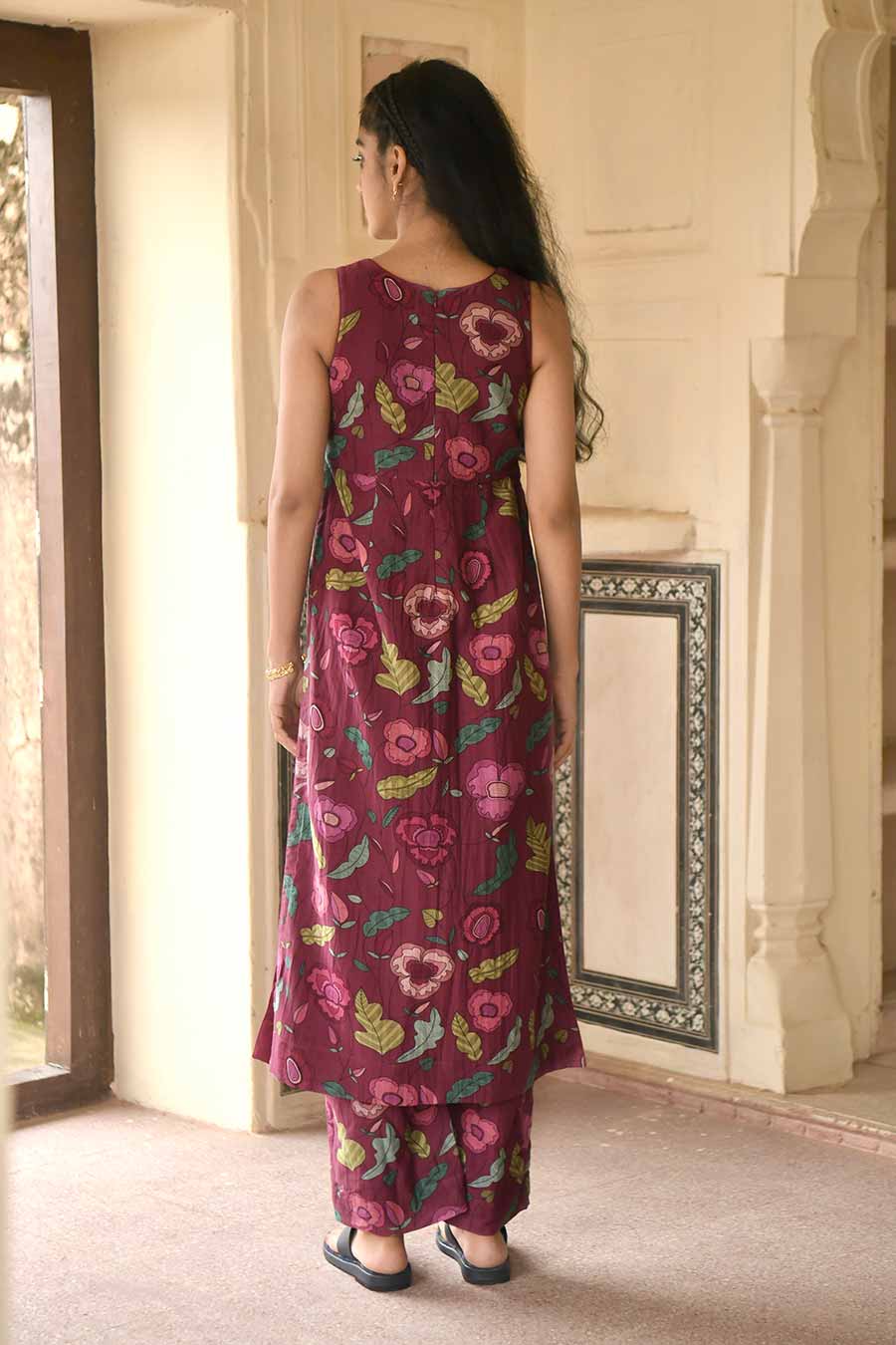 Shiraz Wine Floral Print Chanderi Kurta Set