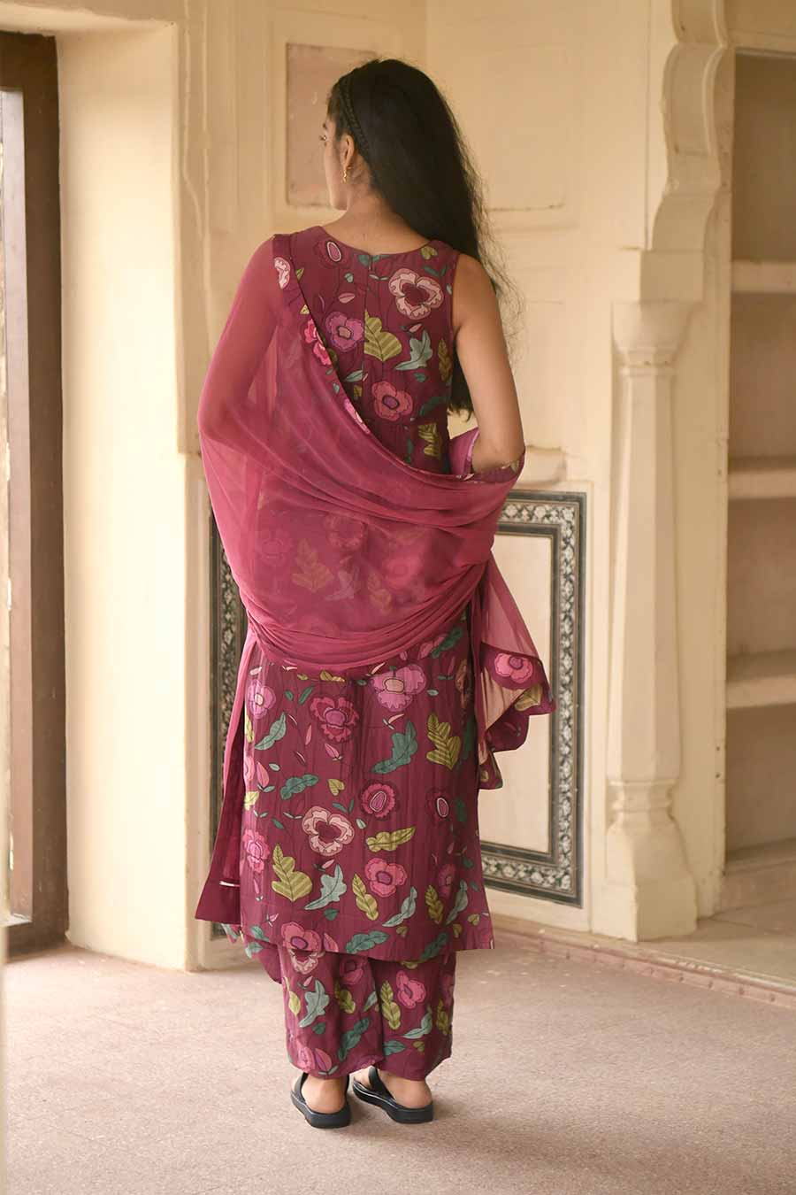 Shiraz Wine Floral Print Chanderi Kurta Set