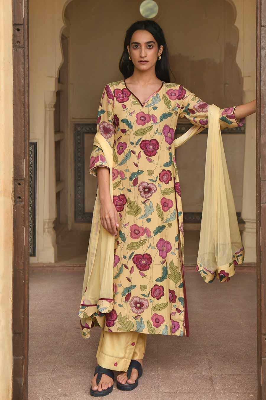 Yellow Floral Print Chanderi Kurta Set