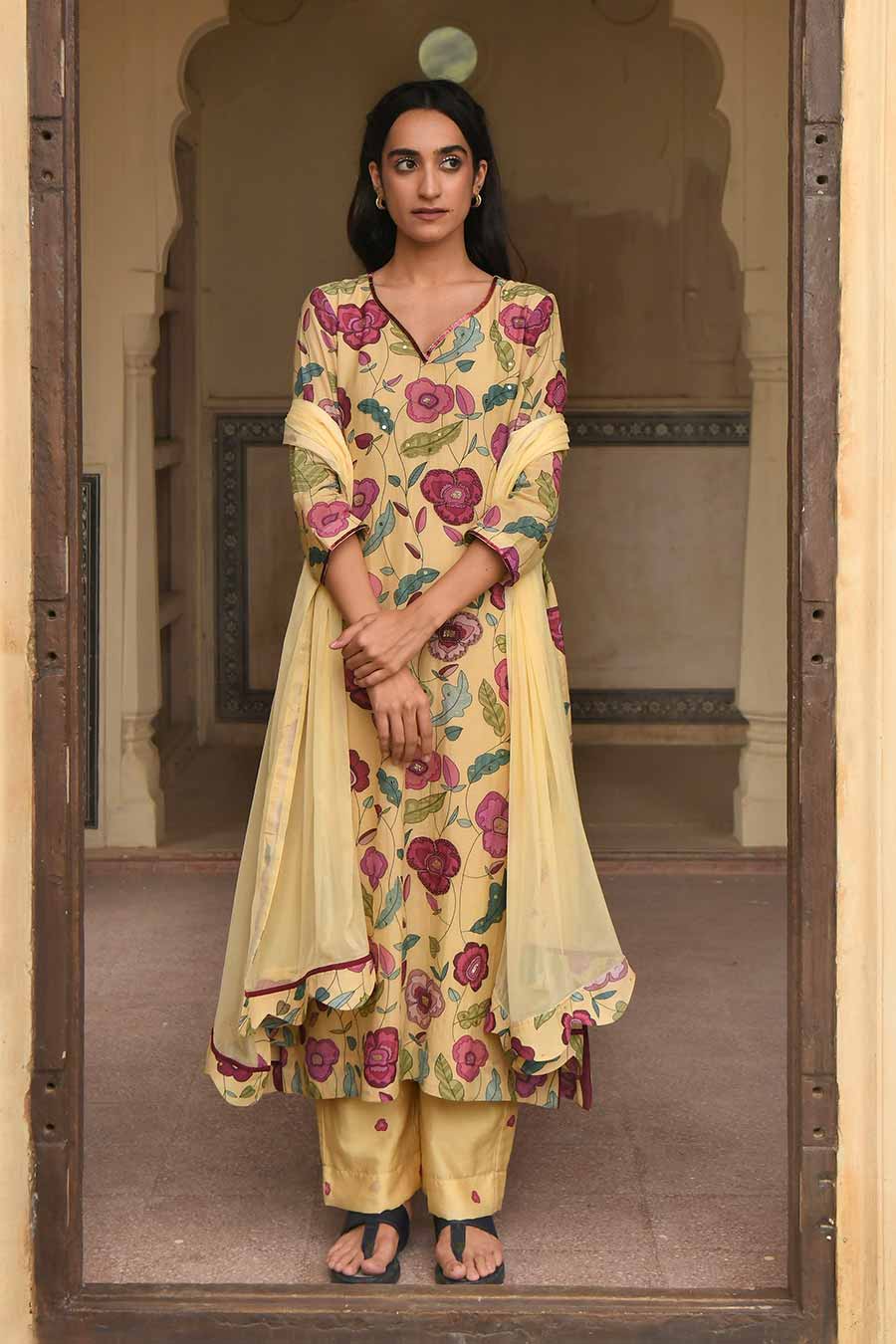 Yellow Floral Print Chanderi Kurta Set