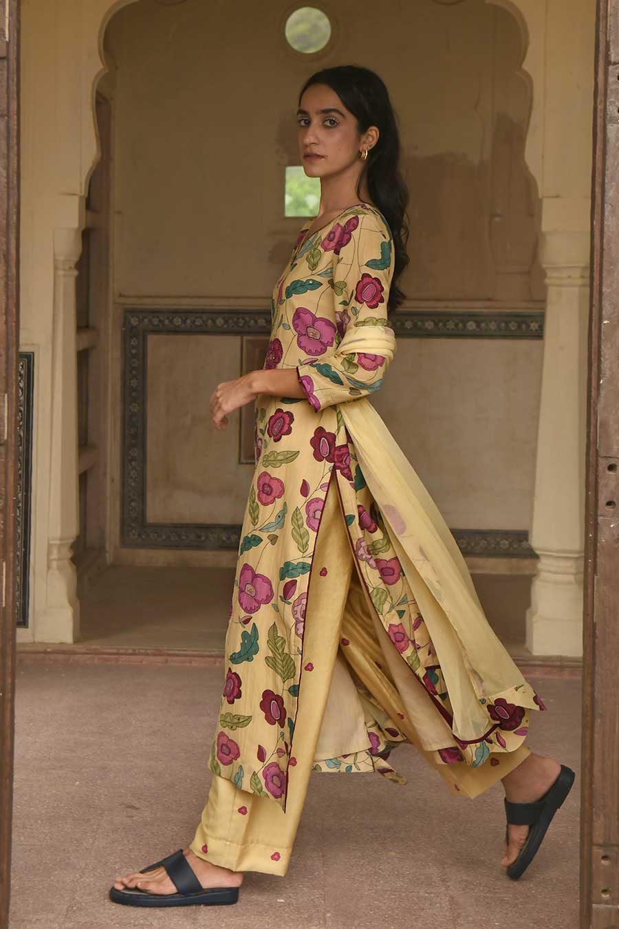 Yellow Floral Print Chanderi Kurta Set