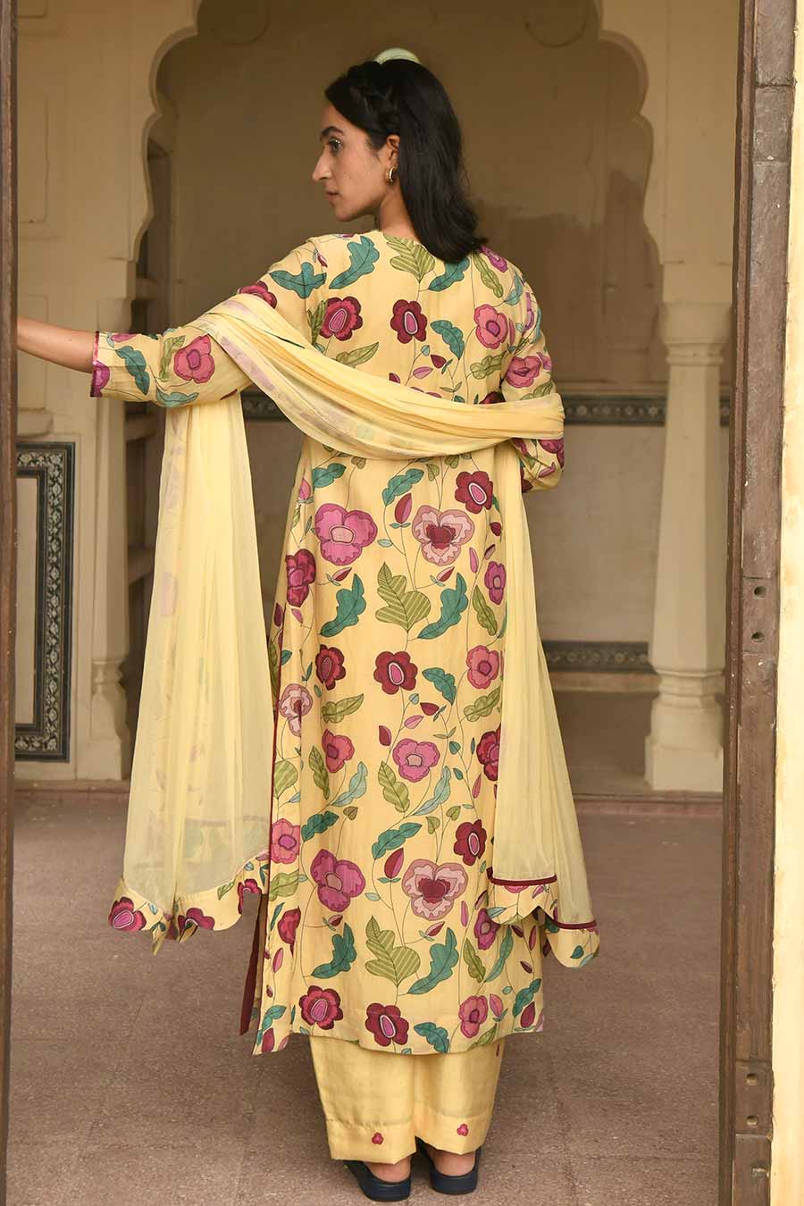 Yellow Floral Print Chanderi Kurta Set