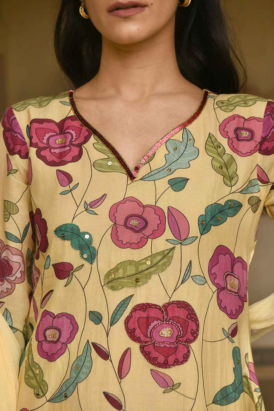 Yellow Floral Print Chanderi Kurta Set