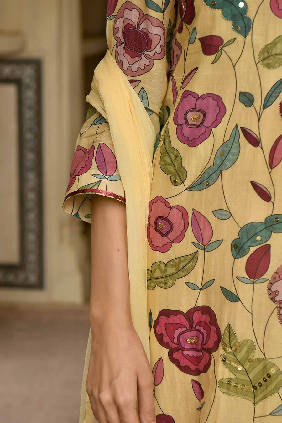 Yellow Floral Print Chanderi Kurta Set